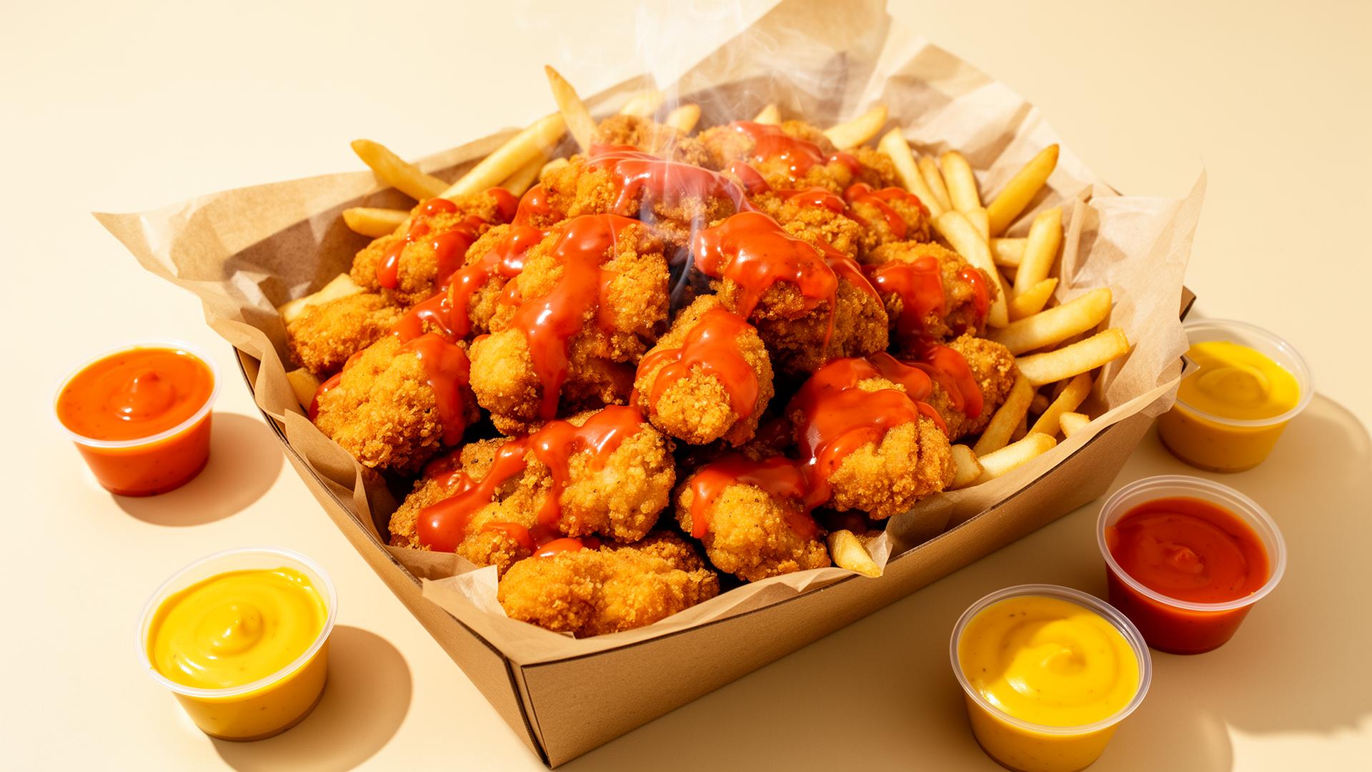 Overflowing kraft box of saucy crispy Nuggz with dipping sauces